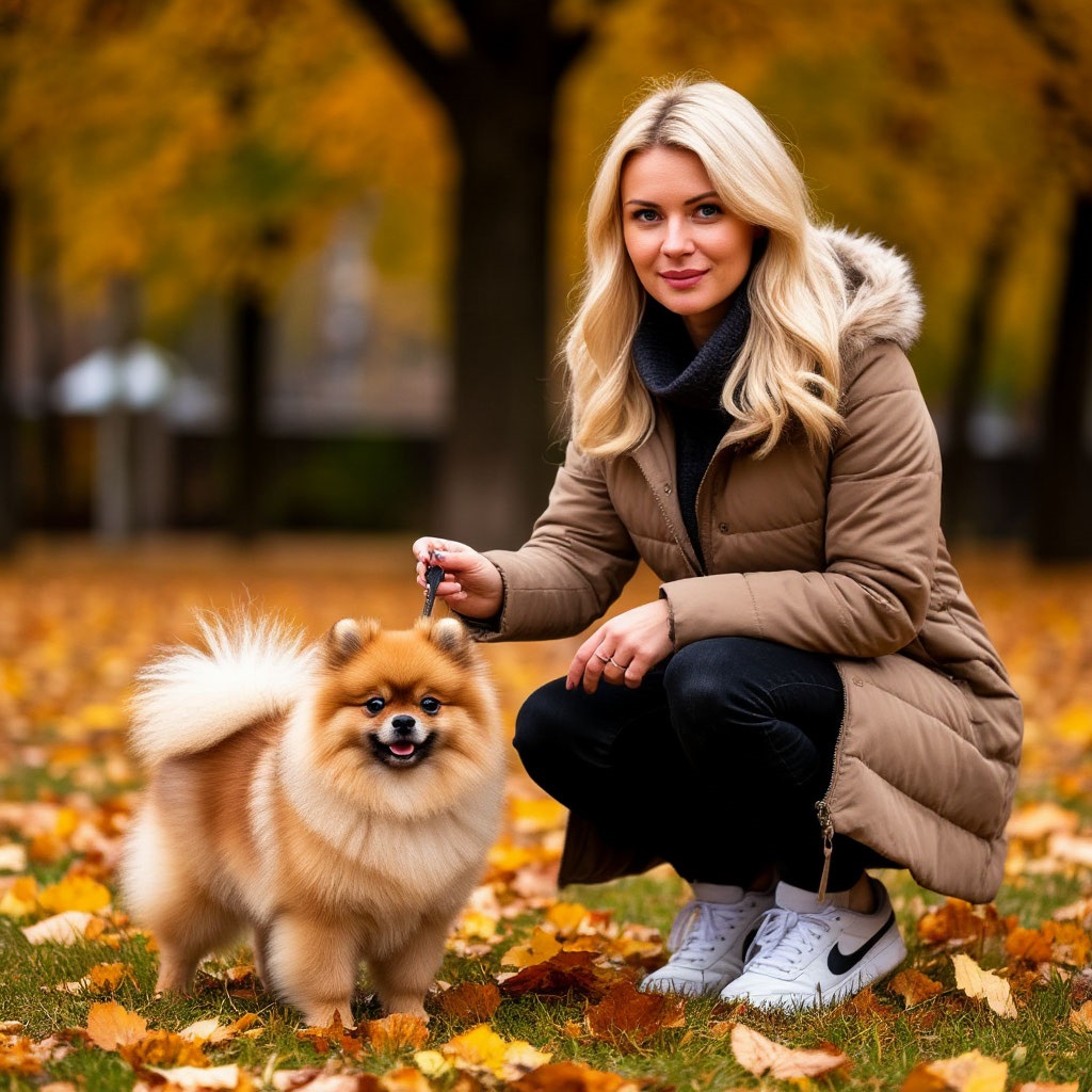 Женщина выпустила собаку из рук. Пушистой шпиц, похожий больше на игрушку, чем на реальную собаку, стал метать листву на аккуратном газоне